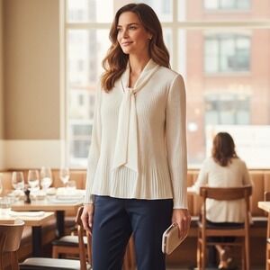 Nanette Lepore Ivory Pleated‎ Tie Neck Blouse Classic Dressy Size L Long Sleeve